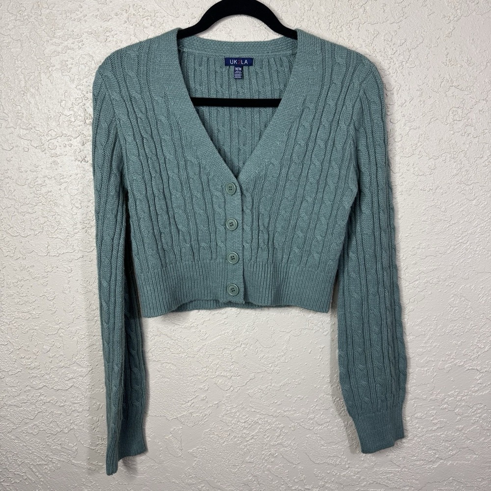 UK2LA Women's Cable Knit Cropped Cardigan Size M Y2K Vintage Sage Green Preppy
